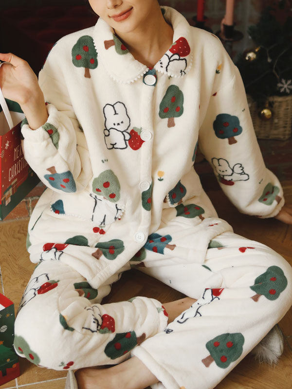 Christmas Rabbits & Trees Printed Flannel Pajamas