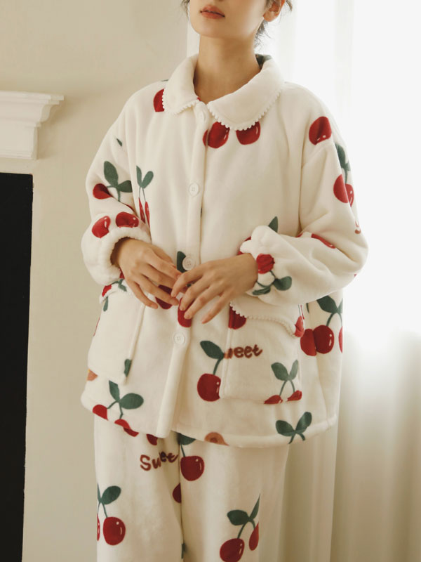 Christmas Cherry Printed Flannel Pajamas