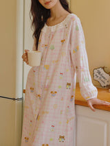 Doll Plaid Print Lace Trim Long Sleeve Nightdress