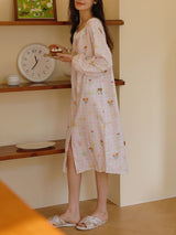 Doll Plaid Print Lace Trim Long Sleeve Nightdress