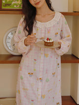 Doll Plaid Print Lace Trim Long Sleeve Nightdress