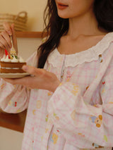 Doll Plaid Print Lace Trim Long Sleeve Nightdress