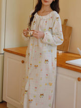 Doll Plaid Print Lace Trim Long Sleeve Nightdress