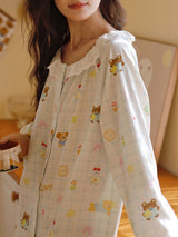 Doll Plaid Print Lace Trim Long Sleeve Nightdress