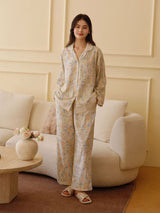 Kafiloe Floral Print Lace Trim Long Sleeve Pajama Set