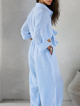 Solid Color Cotton Shirt & Long Pant Set