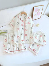 Short Sleeve 3 Pieces Heart Print Pajama Set