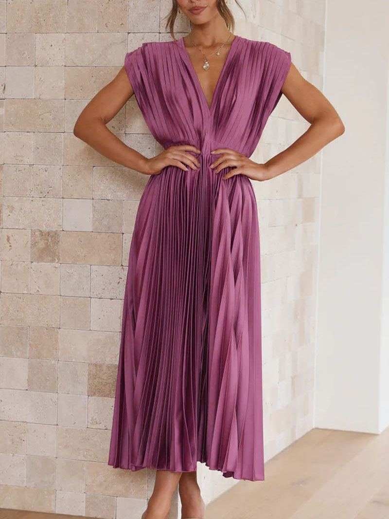 Sleeveless V Neck Pleated Maxi Dress