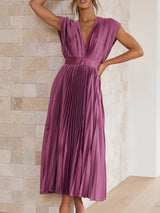 Sleeveless V Neck Pleated Maxi Dress