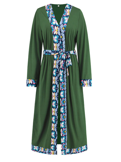 Open Front Floral Edge Belted Long Robe Coat