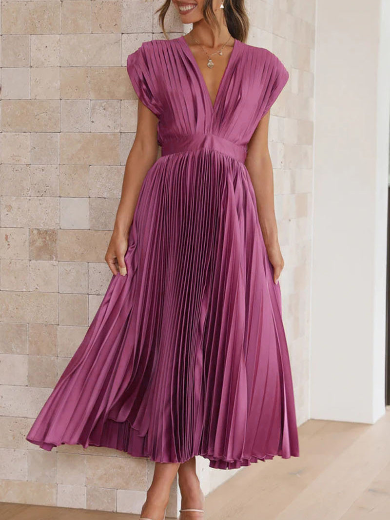 Sleeveless V Neck Pleated Maxi Dress