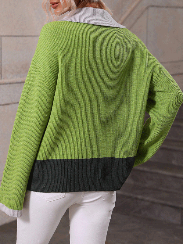 Zip Lapel Color Block Knitted Pullover