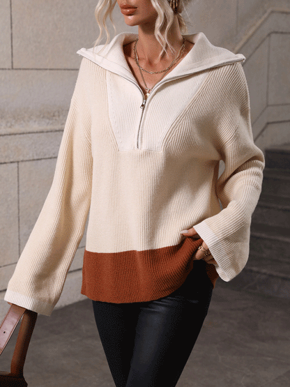 Zip Lapel Color Block Knitted Pullover