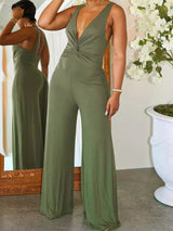 V Neck Twist Solid Color Jumpsuits