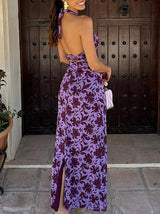 Halter Backless Hollow Out Print Maxi Dress