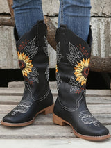 Vintage Embroidered Block Heel Mid-Calf Boots