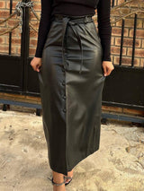 Tie Up Slit Button PU Maxi Skirts