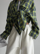 Lapel Long Sleeve Color Block Plaid Shirt