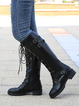 Solid Color Buckle Tie Up Knee High Boots