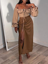 Bell Sleeve Crop Top & Slit Skirt Set