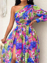 One Shoulder Lantern Sleeve Maxi Dress