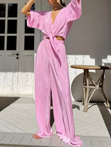 V Neck Tie Up Top & Long Pant Lounge Set