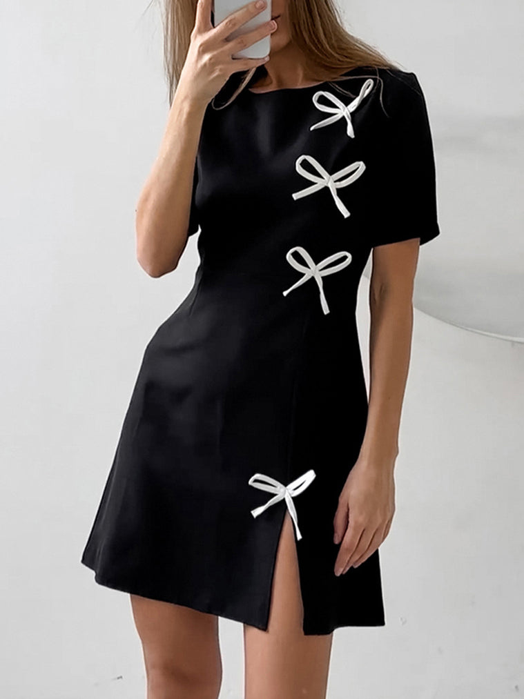 Crew Neck Slit Bow Decoration MIni Dress