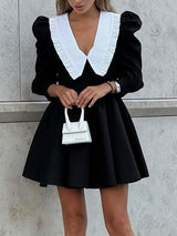 Peter Pan Collar Ruched Black Mini Dress