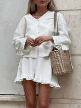 Ruffle Long Sleeve Shirt & High Waist Shorts Set