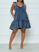 Spaghetti Strap Denim Tie Up Ruffle Midi Dress