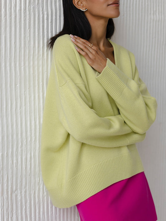 V Neck Solid Color Basic Sweater