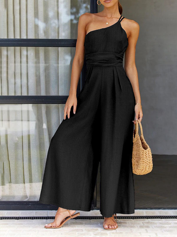 Lined Solid One Shoulder Jumpsuits