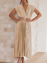 Sleeveless V Neck Pleated Maxi Dress