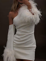 One Shoulder Feather Decor Mini Dress