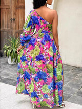 One Shoulder Lantern Sleeve Maxi Dress