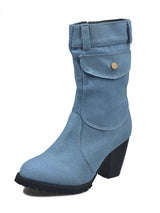 Denim Block Heel Mid-Calf Boots