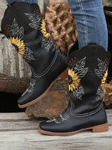 Vintage Embroidered Block Heel Mid-Calf Boots