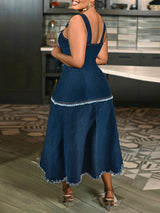 Sleeveless Tassel Denim Strappy Maxi Dress