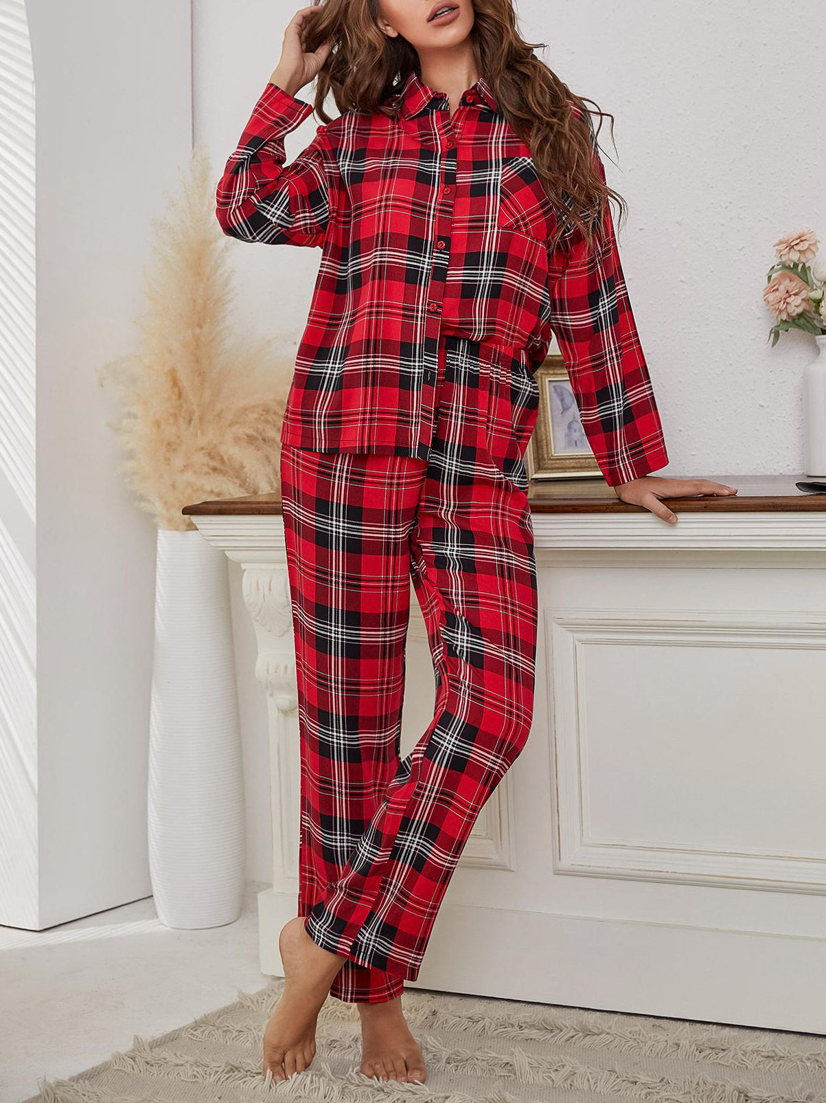 Color Block Plaid Long Sleeve Pajama Set