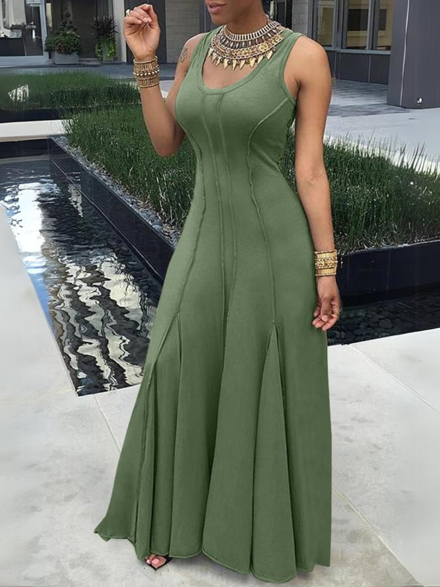 Solid Color Sleeveless U Neck Maxi Dress