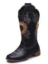 Vintage Embroidered Block Heel Mid-Calf Boots