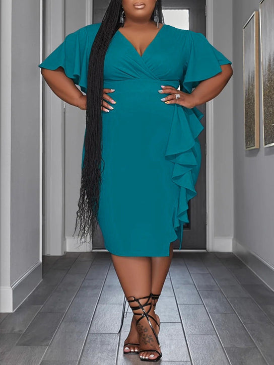 Rufffle Sleeve V Neck Bodycon Maxi Dress