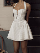 Halter Hollow Out Mini White Dress