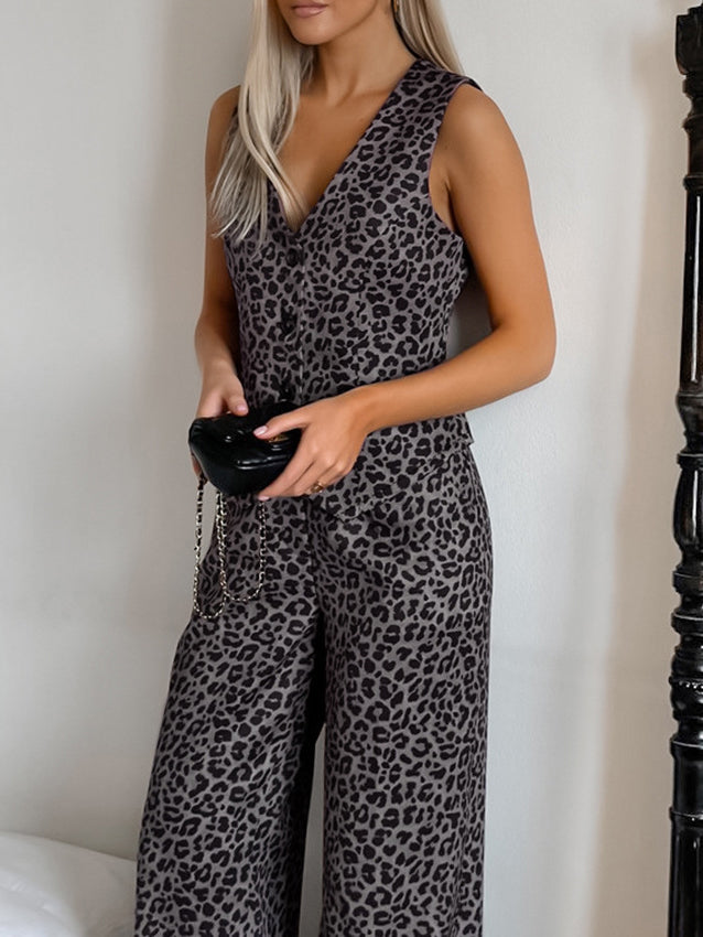 Leopard V Neck Vest & Long Pants Set