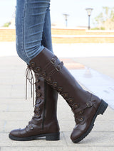 Solid Color Buckle Tie Up Knee High Boots