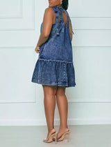 Spaghetti Strap Denim Tie Up Ruffle Midi Dress