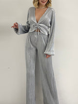 V Neck Puff Sleeve Top & Wide Leg Pant Set