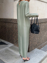 Solid Color Long Sleeve Slit Satin Maxi Dress