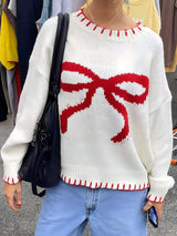 Bow Jacquard Round Neck Sweater