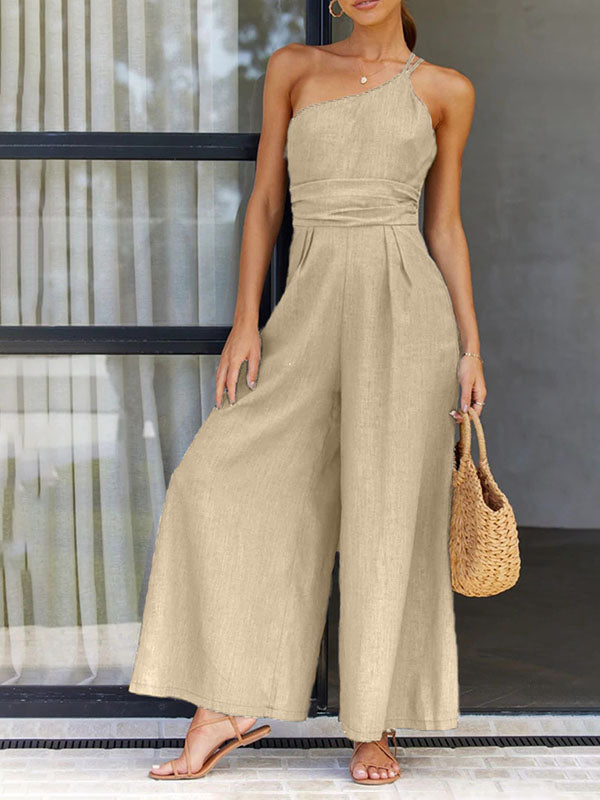 Lined Solid One Shoulder Jumpsuits